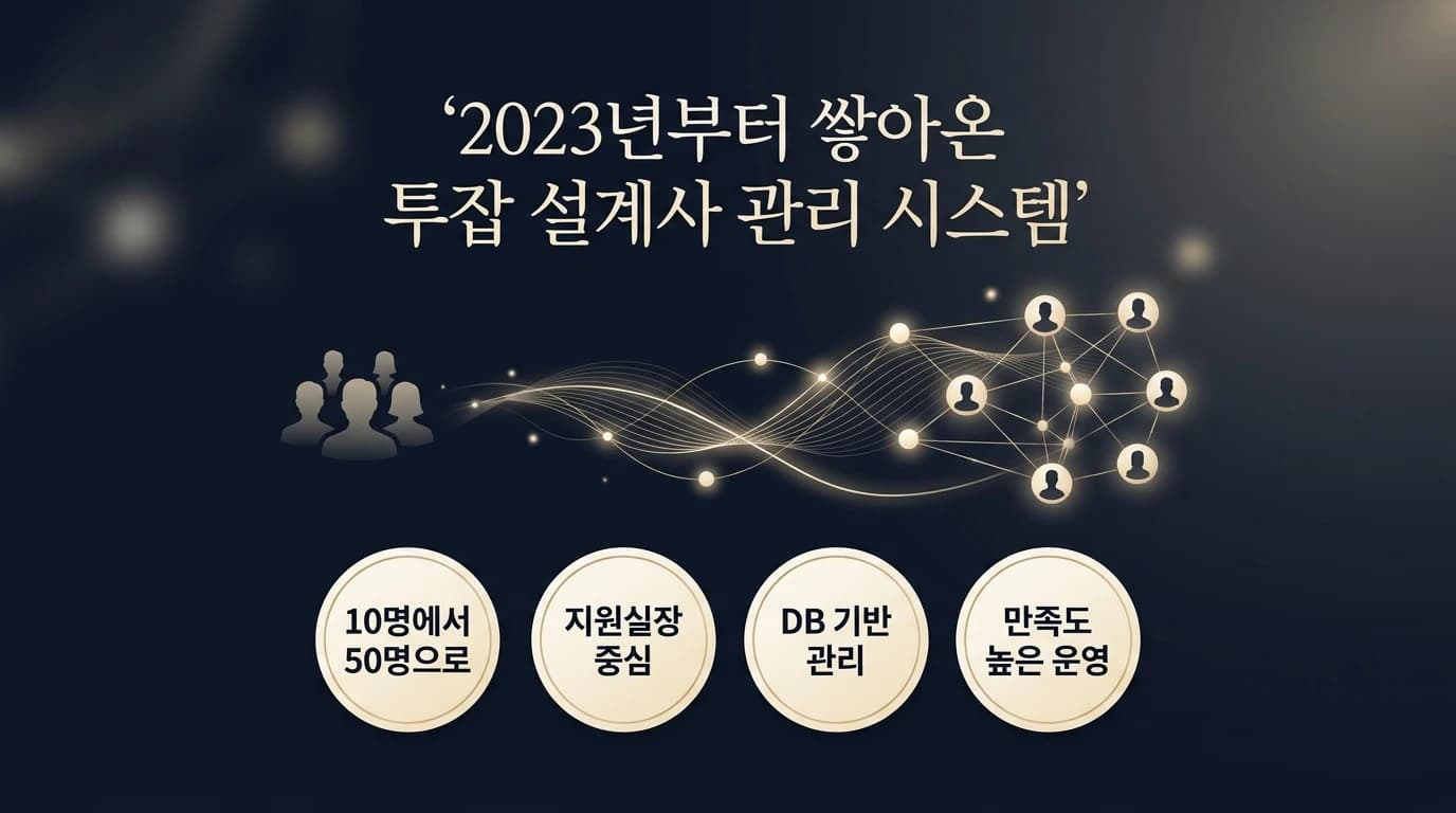 2023년부터 쌓아온 투잡 설계사 관리 시스템을 지원실장 중심 운영으로 소개하는 이미지