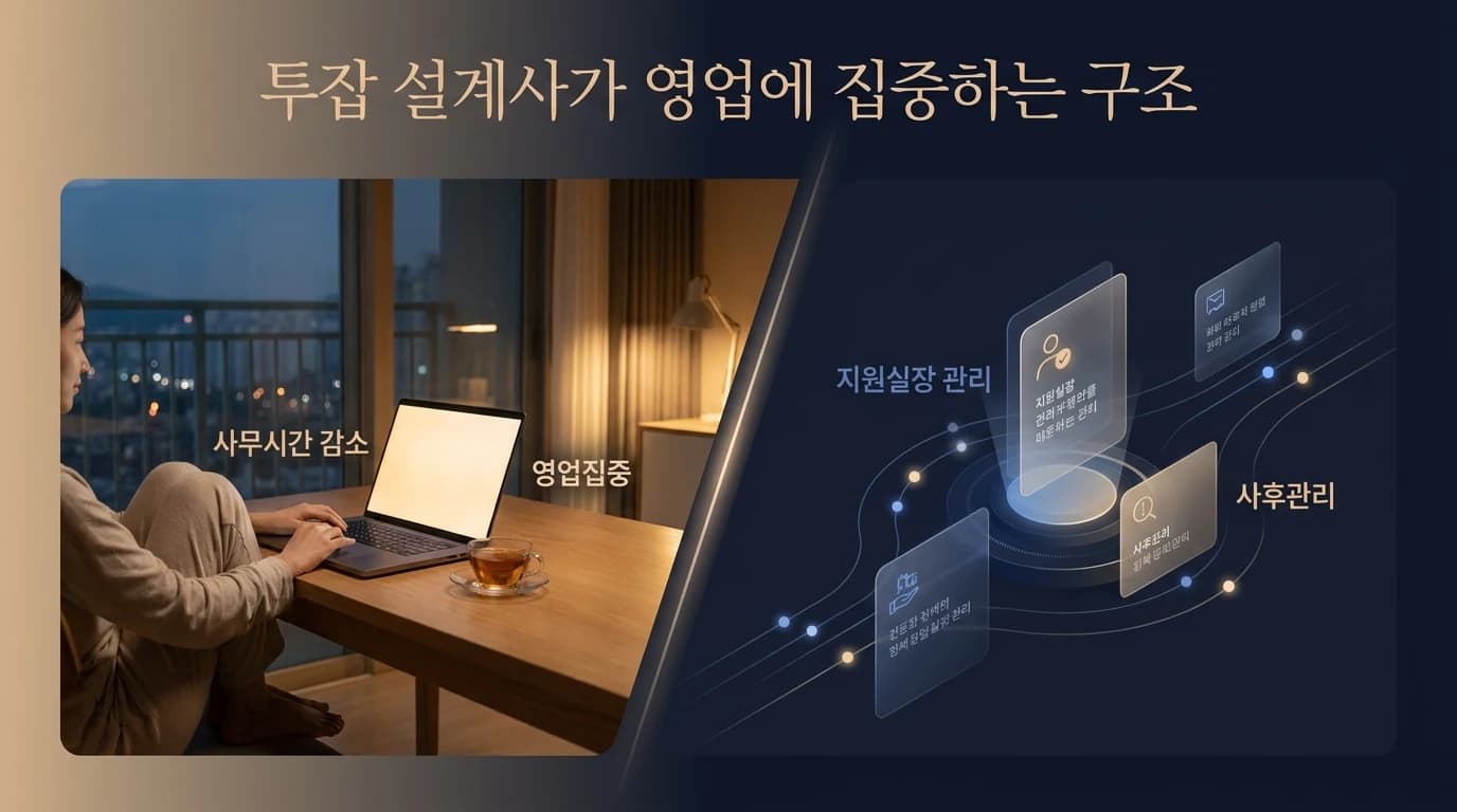 지원실장이 실무를 맡고 설계사는 상담에 집중하는 운영 구조 그래픽
